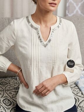 Calligraphe Embroidered V-Neck Linen Tunic Top - Cream M New